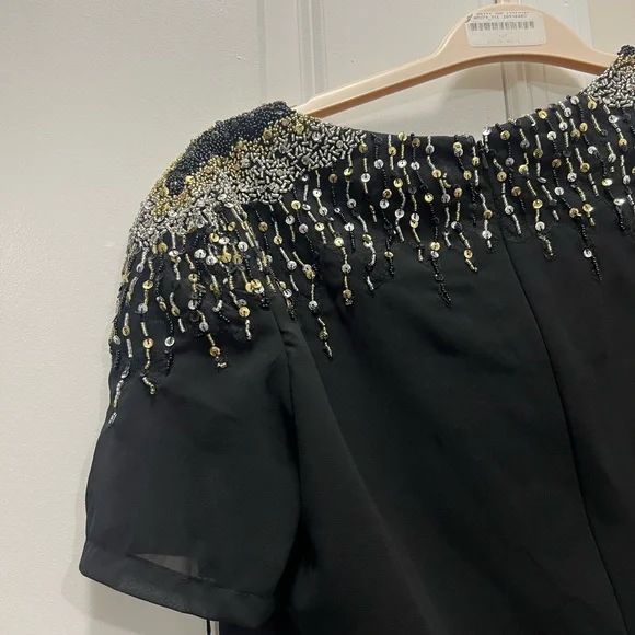 NWT Mac Duggal Black Sequined Embellished Shoulder Evening Gown Size 14 $498